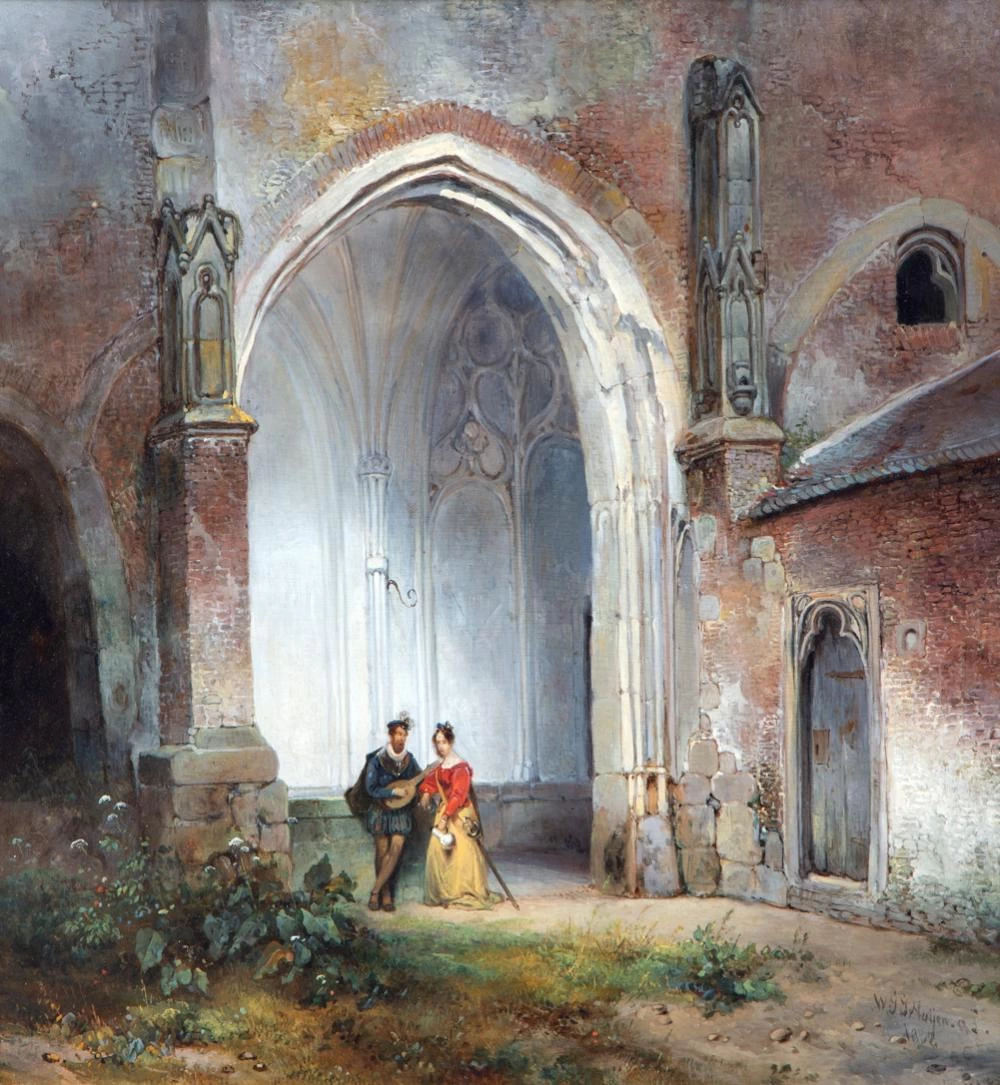 Un uomo e una donna nel chiostro della chiesa del Duomo di Utrecht